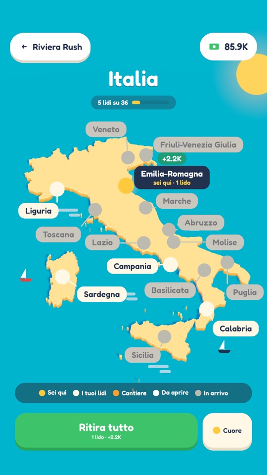 La mappa dell'Italia in Riviera Rush, con le regioni dove aprire i lidi